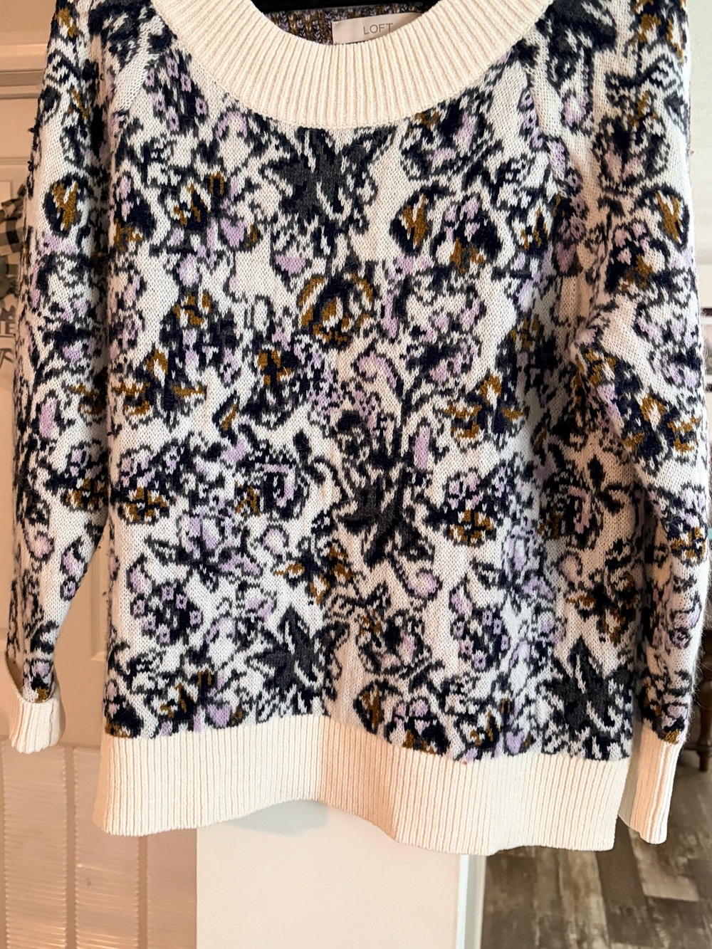 LOFT Cream Floral Jacquard Crewneck Sweater with Lilac & Mustard Accents